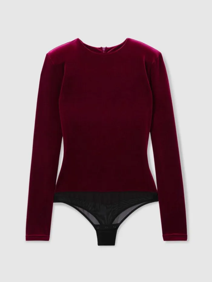 REISS Tops Women PaddedShoulder Velvet Bodysuit Burgundy