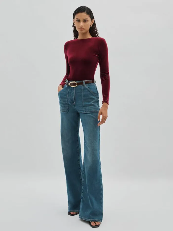 REISS Tops Women PaddedShoulder Velvet Bodysuit Burgundy