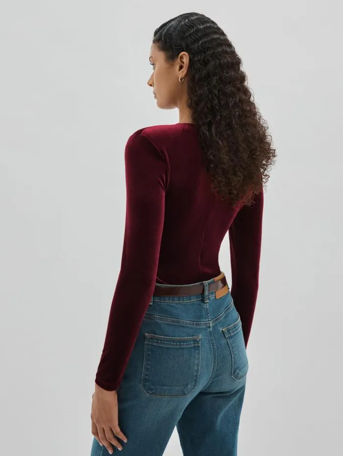REISS Tops Women PaddedShoulder Velvet Bodysuit Burgundy