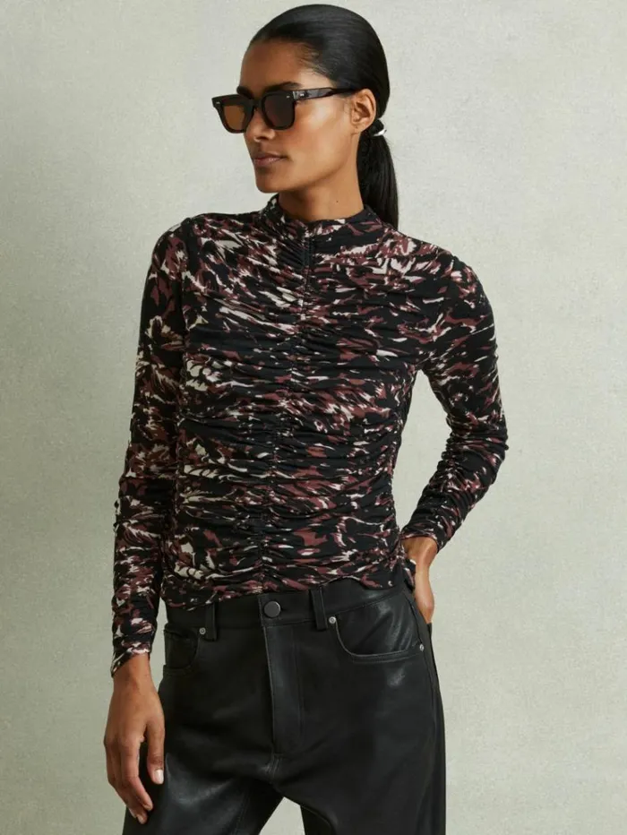 REISS Tops Women Printed Ruched Top Blackbrown