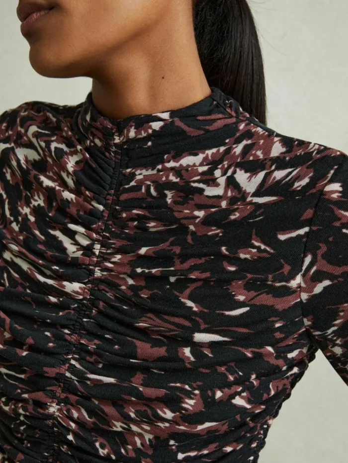 REISS Tops Women Printed Ruched Top Blackbrown