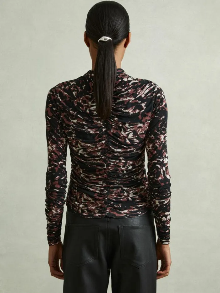 REISS Tops Women Printed Ruched Top Blackbrown