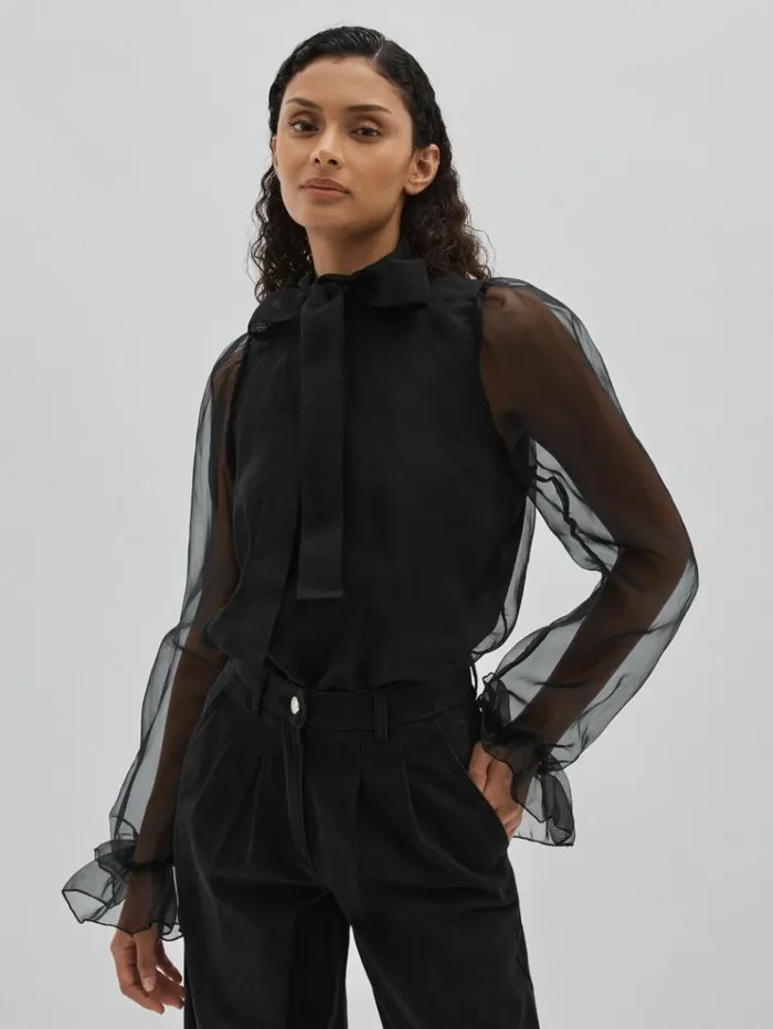 REISS Tops Women SilkOrganza Pussybow Bodysuit Black