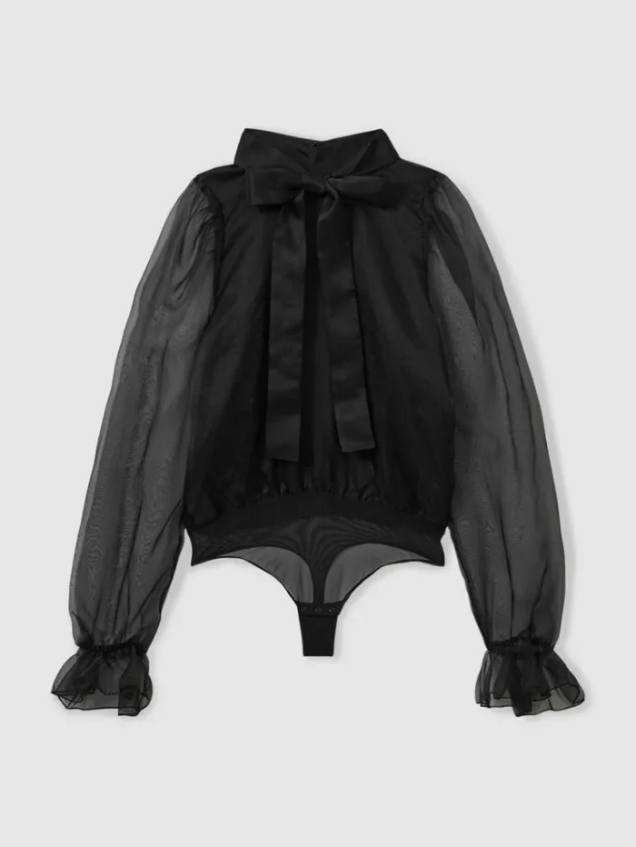 REISS Tops Women SilkOrganza Pussybow Bodysuit Black