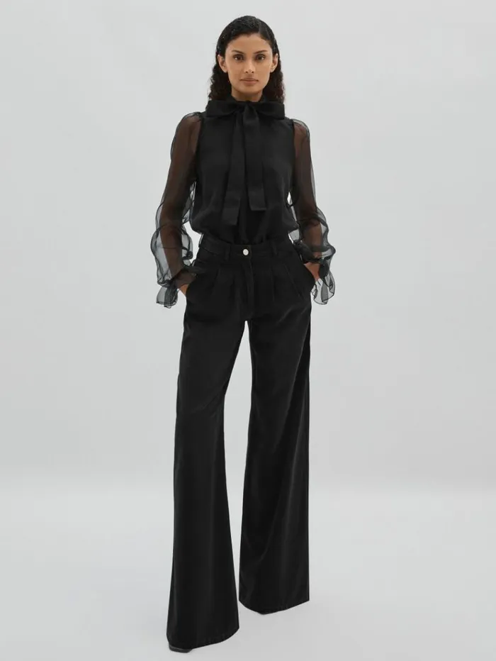 REISS Tops Women SilkOrganza Pussybow Bodysuit Black