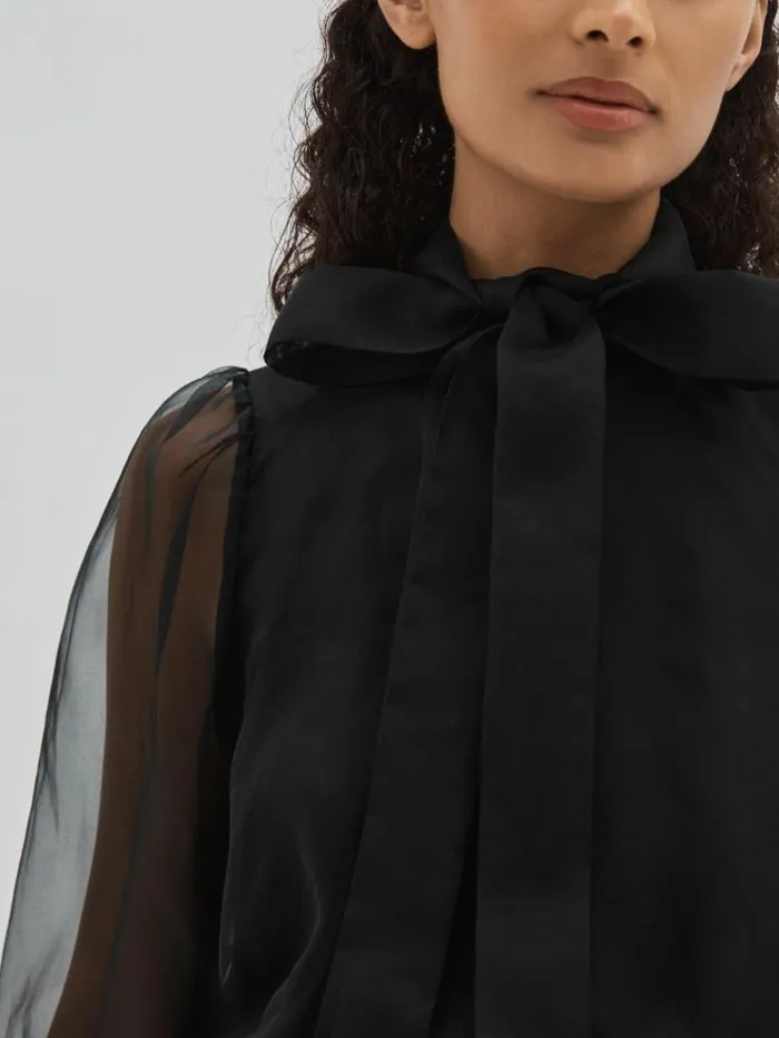 REISS Tops Women SilkOrganza Pussybow Bodysuit Black