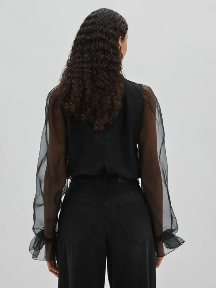 REISS Tops Women SilkOrganza Pussybow Bodysuit Black
