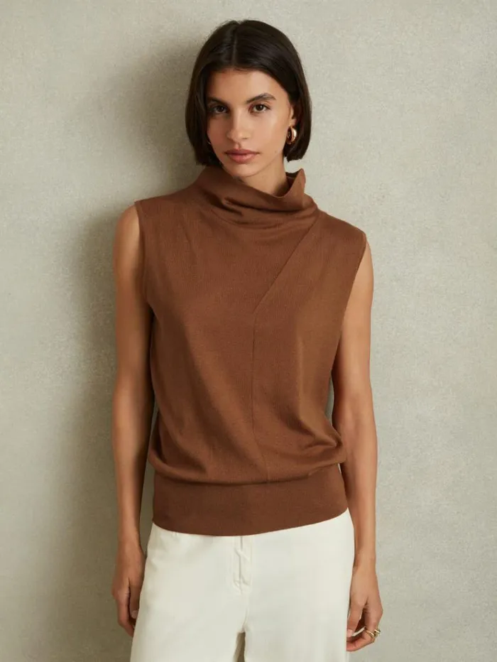 REISS Tops Women Wool Slouched Sleeveless Top Toffee