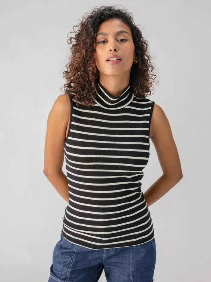 Sanctuary Clothing Sweaters and Cardis Women Essential Sleeveless Mock Neck Tank Black Chalk Stripe Sanctuary Clothing Sweaters and Cardis Women Essential Sleeveless Mock Neck Tank Black Chalk Stripe
