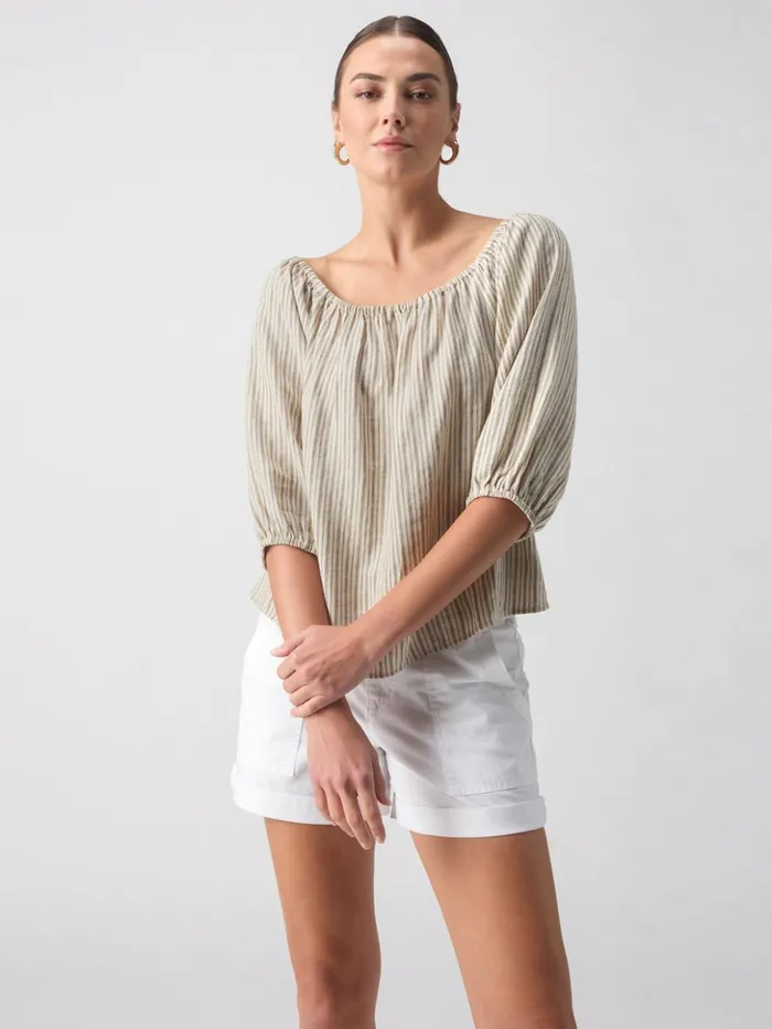 Sanctuary Clothing Tees and Tops Women Beach To Bar Blouse Eco Olive Stripe