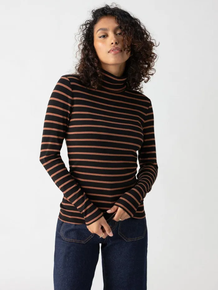 Sanctuary Clothing Tees and Tops Women Essential Turtleneck Top Raw Hide Black Stripe Sanctuary Clothing Tees and Tops Women Essential Turtleneck Top Raw Hide Black Stripe