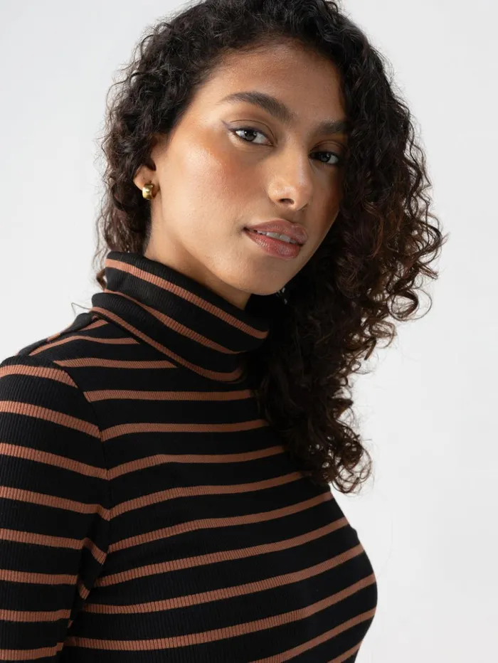 Sanctuary Clothing Tees and Tops Women Essential Turtleneck Top Raw Hide Black Stripe Sanctuary Clothing Tees and Tops Women Essential Turtleneck Top Raw Hide Black Stripe