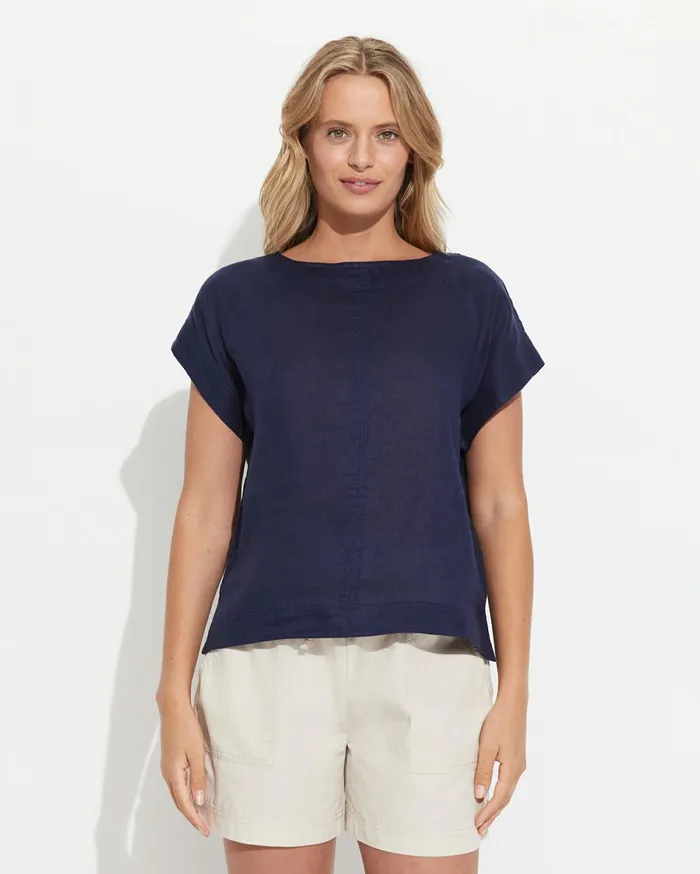 Sportscraft Allegra Linen Top Navy Women Tops and Tees