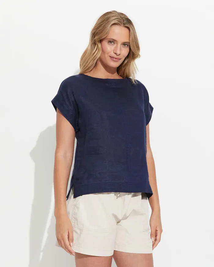 Sportscraft Allegra Linen Top Navy Women Tops and Tees