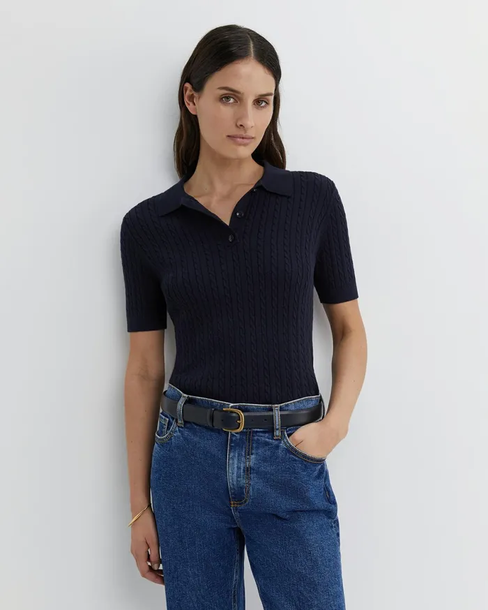 Sportscraft Elka Cable Polo Navy Women Tops and Tees