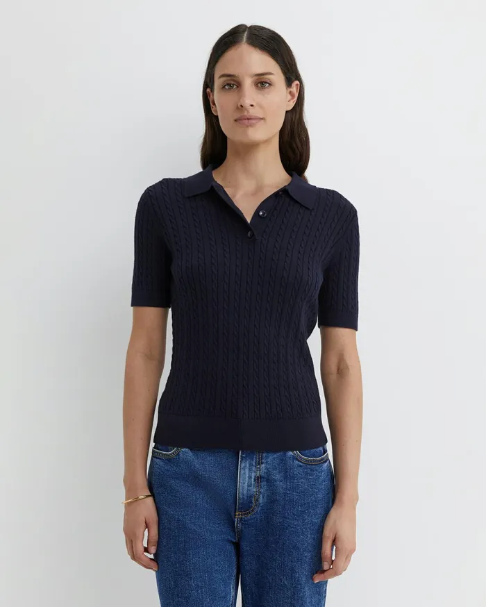 Sportscraft Elka Cable Polo Navy Women Tops and Tees
