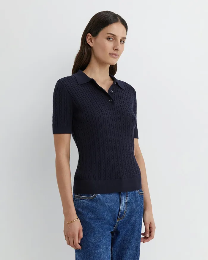 Sportscraft Elka Cable Polo Navy Women Tops and Tees