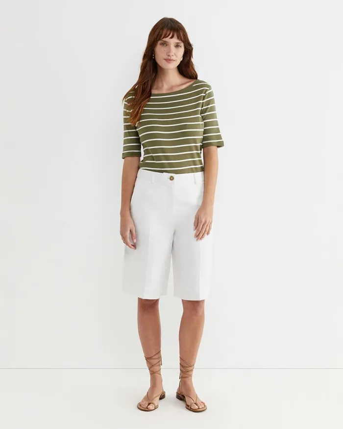 Sportscraft Heidi Boat Neck Half Sleeve Tee Khakiwhite Women Tops and Tees