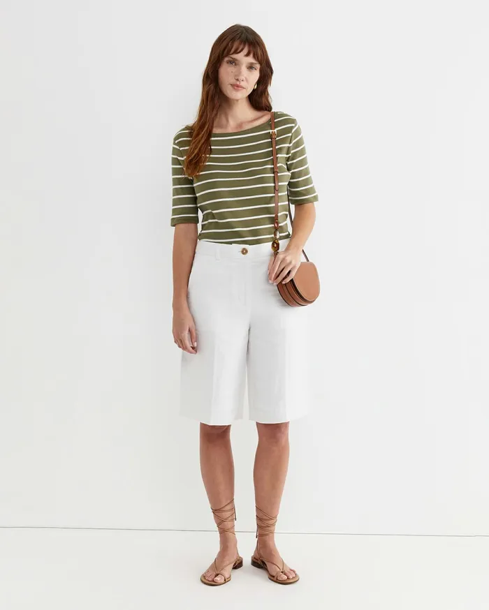 Sportscraft Heidi Boat Neck Half Sleeve Tee Khakiwhite Women Tops and Tees