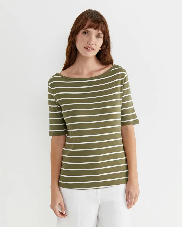 Sportscraft Heidi Boat Neck Half Sleeve Tee Khakiwhite Women Tops and Tees