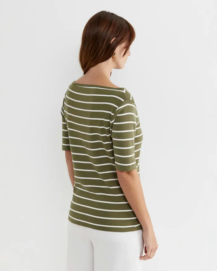 Sportscraft Heidi Boat Neck Half Sleeve Tee Khakiwhite Women Tops and Tees