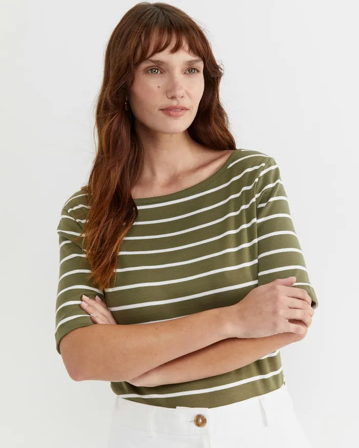 Sportscraft Heidi Boat Neck Half Sleeve Tee Khakiwhite Women Tops and Tees