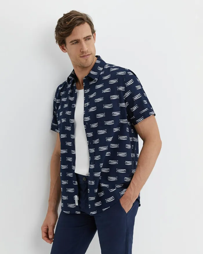 Sportscraft Lake Side Short Sleeve Shirt Navywhite Men Shirts