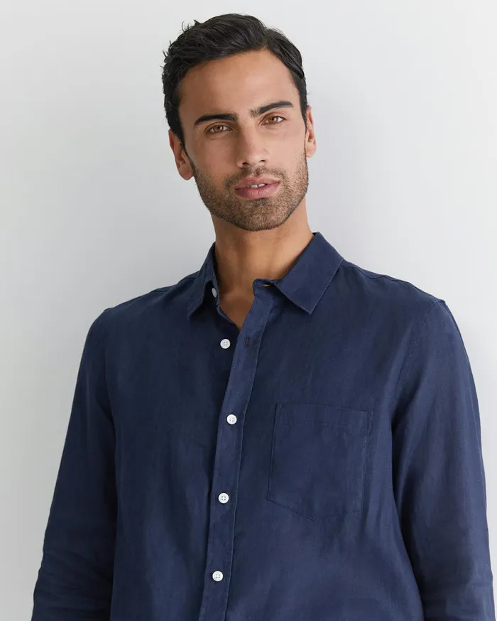 Sportscraft Long Sleeve Linen Shirt Navy Men Shirts