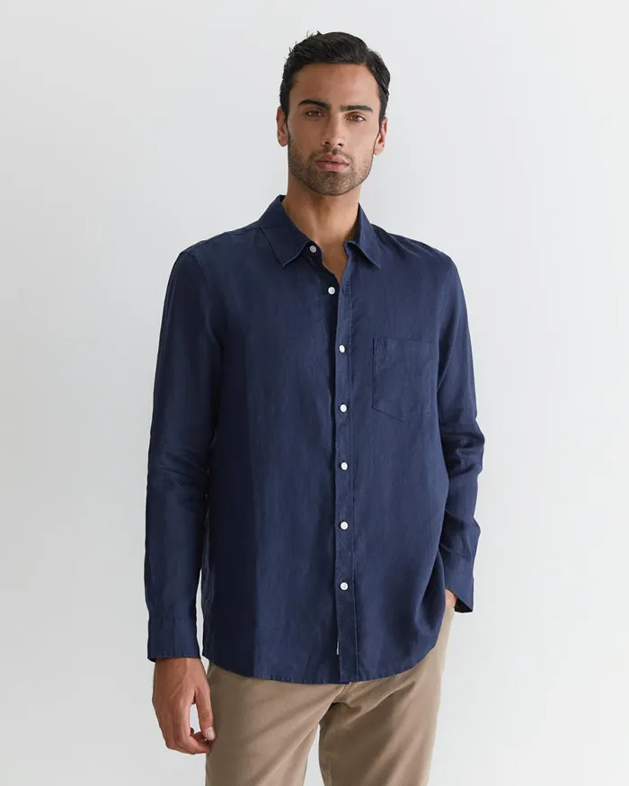 Sportscraft Long Sleeve Linen Shirt Navy Men Shirts