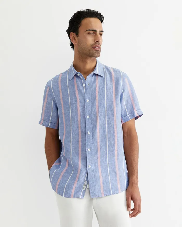 Sportscraft Redfern Short Sleeve Linen Stripe Shirt Pinkblue Men Shirts