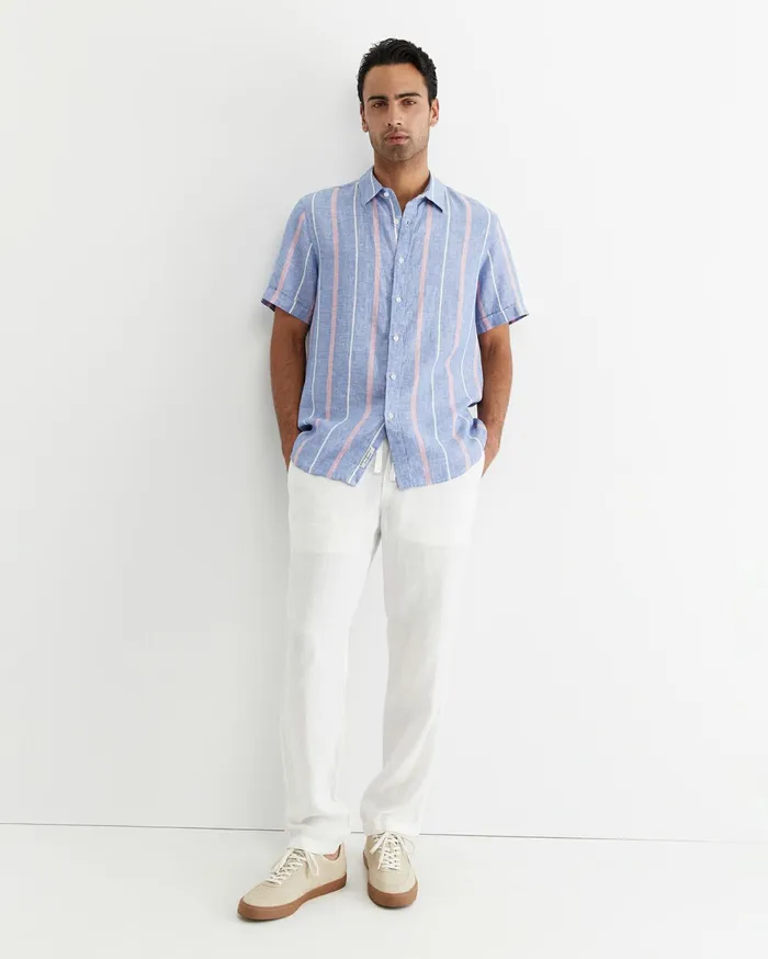 Sportscraft Redfern Short Sleeve Linen Stripe Shirt Pinkblue Men Shirts