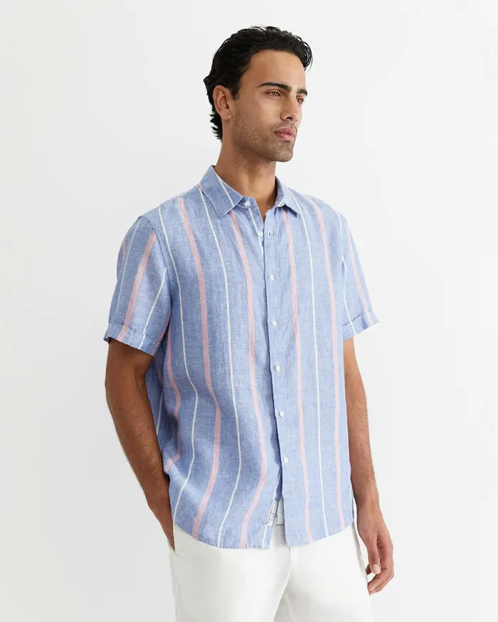 Sportscraft Redfern Short Sleeve Linen Stripe Shirt Pinkblue Men Shirts