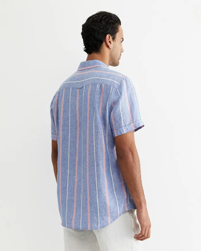 Sportscraft Redfern Short Sleeve Linen Stripe Shirt Pinkblue Men Shirts