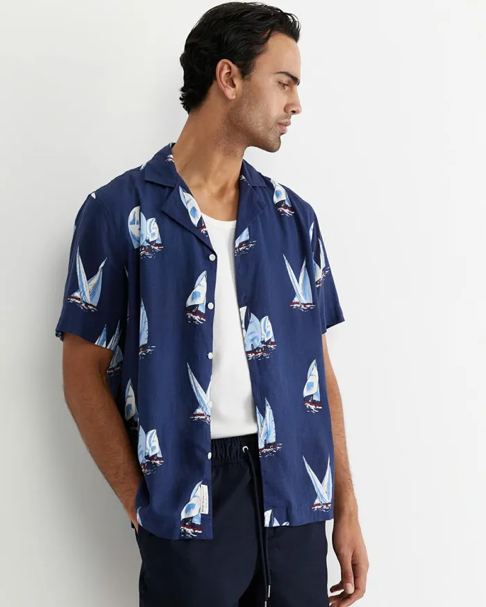Sportscraft Sail Away Short Sleeve Cuban Shirt Navy Men Shirts