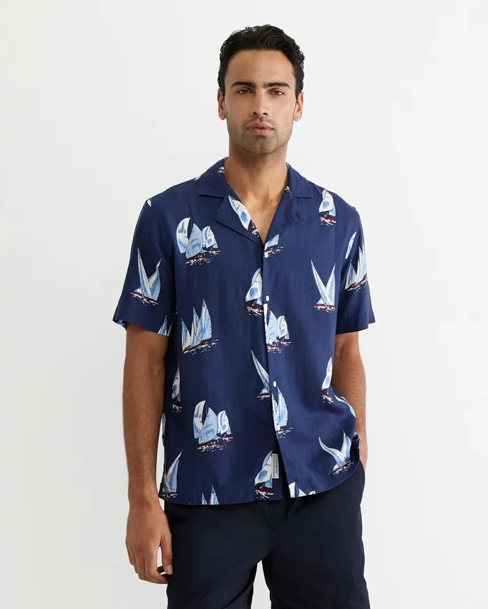 Sportscraft Sail Away Short Sleeve Cuban Shirt Navy Men Shirts