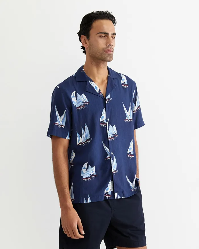Sportscraft Sail Away Short Sleeve Cuban Shirt Navy Men Shirts
