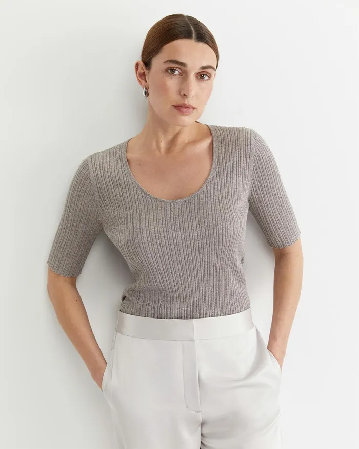 Sportscraft Sparkling Rib Knit Tee Grey Pearl Women Knits and Cardigans