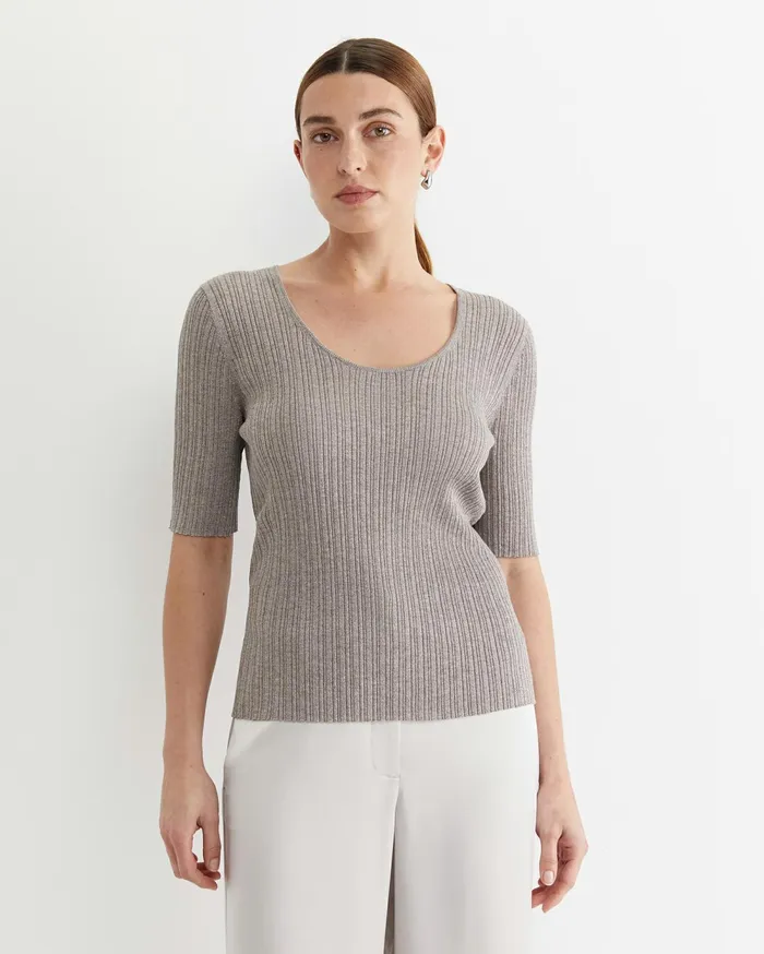 Sportscraft Sparkling Rib Knit Tee Grey Pearl Women Knits and Cardigans