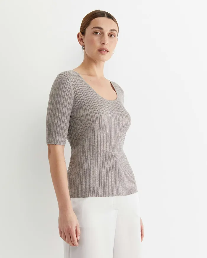 Sportscraft Sparkling Rib Knit Tee Grey Pearl Women Knits and Cardigans