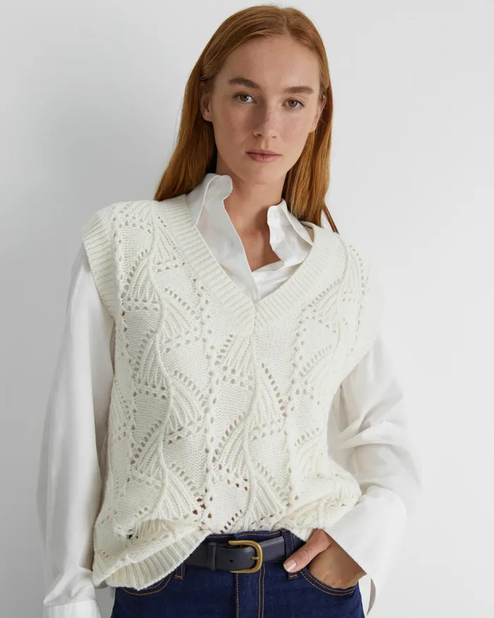 Sportscraft Sunshine Open Knit Wool Vest Winter White Women Knits and Cardigans