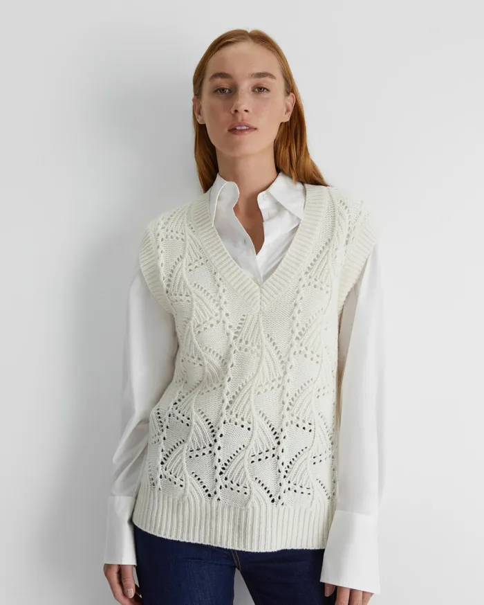 Sportscraft Sunshine Open Knit Wool Vest Winter White Women Knits and Cardigans
