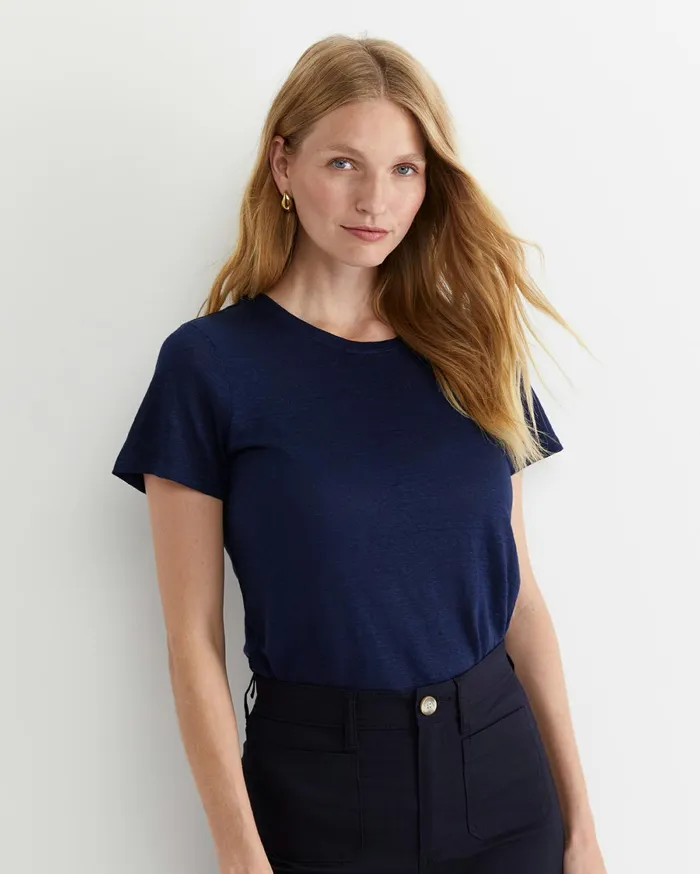Sportscraft Tonia Crew Neck Linen Tee Navy Women Tops and Tees
