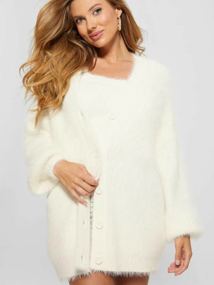 Sweaters and Knits Women Sahar Fuzzy Cardigan Sweater Dove White GUESS
