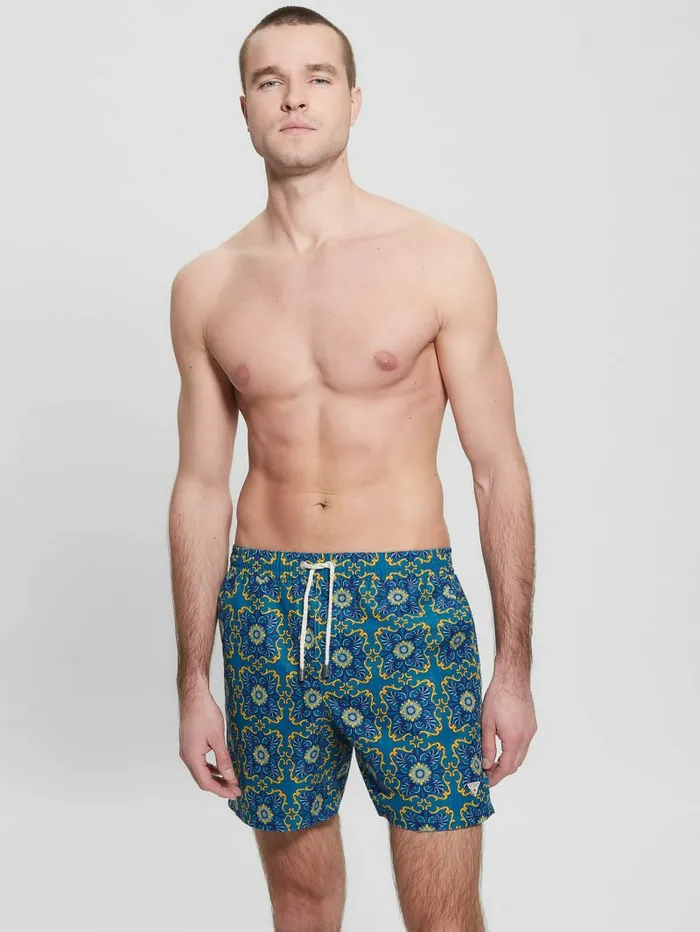 Swim Mosaic Swim Trunks GoldBlue Chain 8211 GUESS Men Swim Mosaic Swim Trunks GoldBlue Chain 8211 GUESS Men
