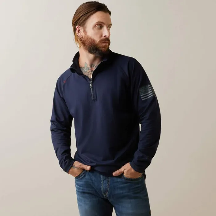 TShirts and Polos Men Ariat FR Combat Stretch Patriot 14 Zip Work Shirt Navy
