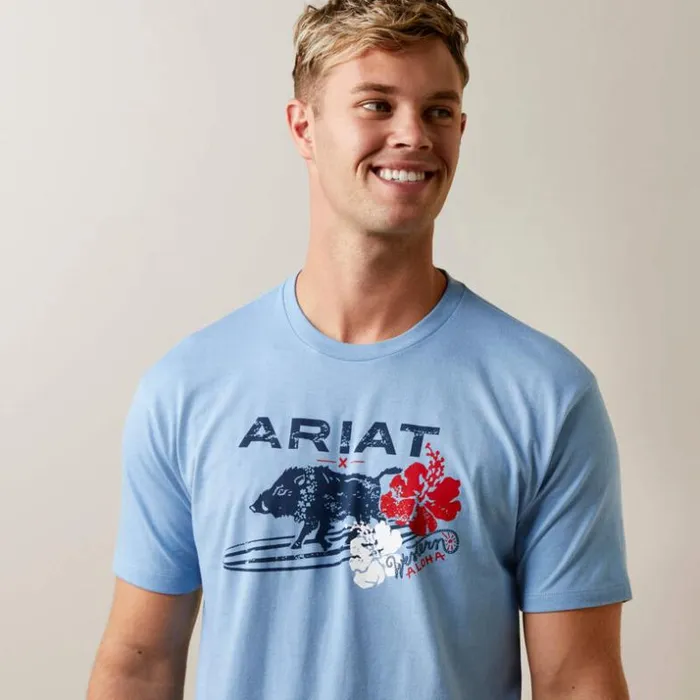 TShirts and Polos Men Ariat SurfBoarding Western Aloha TShirt Light Blue Heather