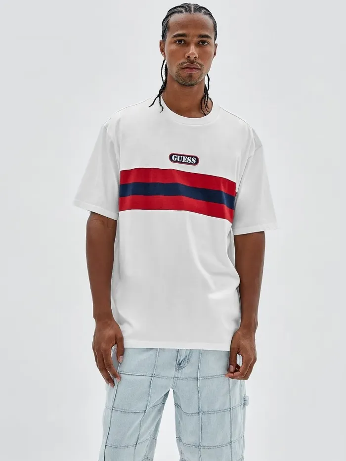 TShirts and Tanks GUESS Originals Varsity Striped Tee Pure White Multi 8211 GUESS Men TShirts and Tanks GUESS Originals Varsity Striped Tee Pure White Multi 8211 GUESS Men
