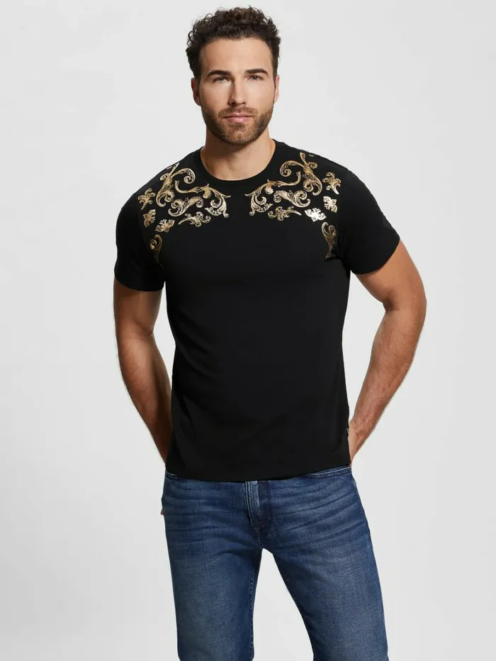 TShirts and Tanks Men Eco Metallic Baroque Tee Black GUESS