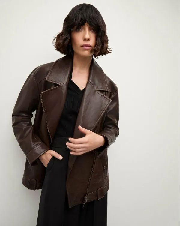 Thandie Leather Dickey Jacket Dark Chocolate Women Veronica Beard Jackets and Outerwear Thandie Leather Dickey Jacket Dark Chocolate Women Veronica Beard Jackets and Outerwear