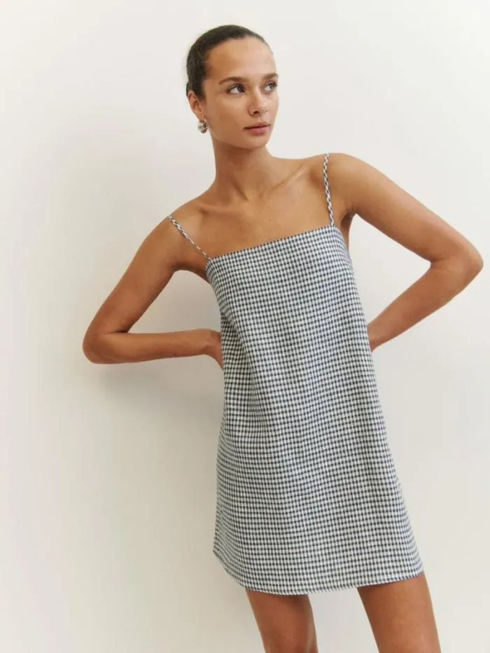 The Reformation Aubree Linen Dress Slate Check 8211 Clothing